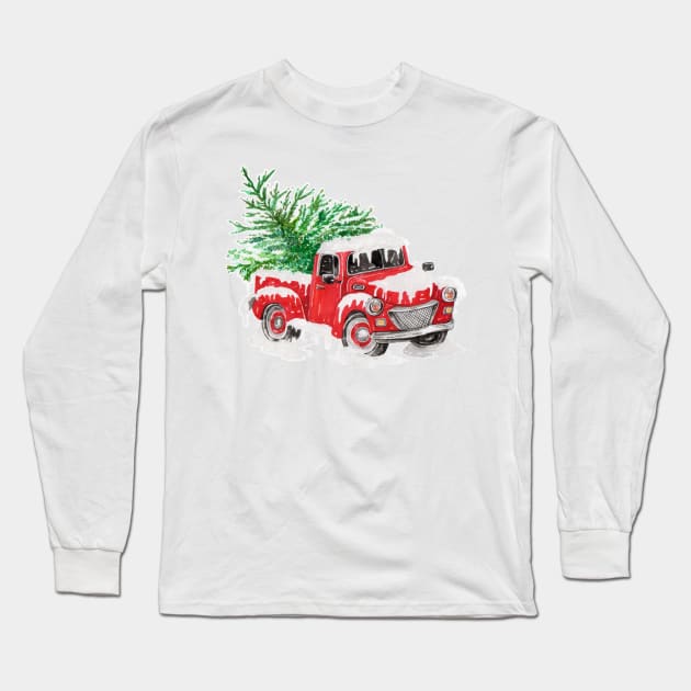 Snow Covered Vintage Retro Red Farm Pickup Truck with Christmas Tree Long Sleeve T-Shirt by SpacemanTees